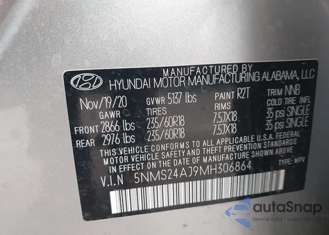 2021 Hyundai Santa Fe Sel z USA, uszkodzony, nr VIN 5NMS24AJ9MH306864